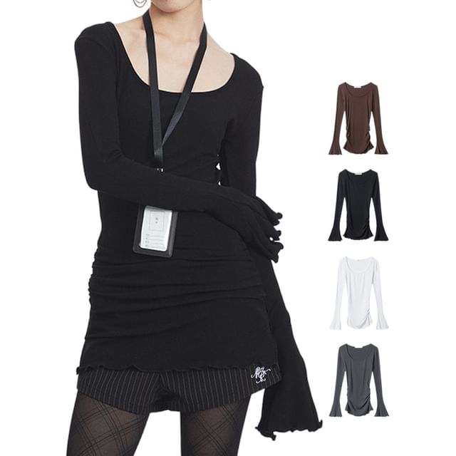 Flared Sleeve Scoop Neck Plain Tee Shirt