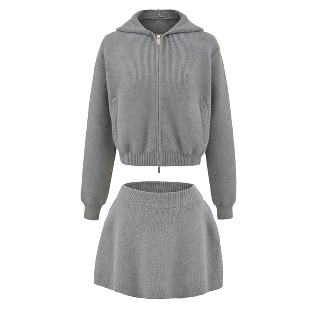 Zip-Up Crop Knit Hoodie & Mini A-Line Skirt Set