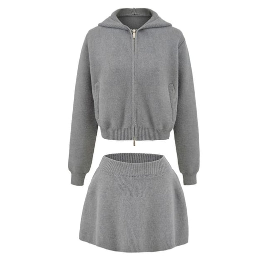 Zip-Up Crop Knit Hoodie & Mini A-Line Skirt Set