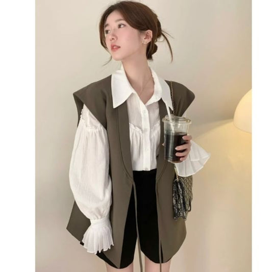 Long Sleeve Plain Frill Trim Shirt / Shawl Lapel Tie Front Vest