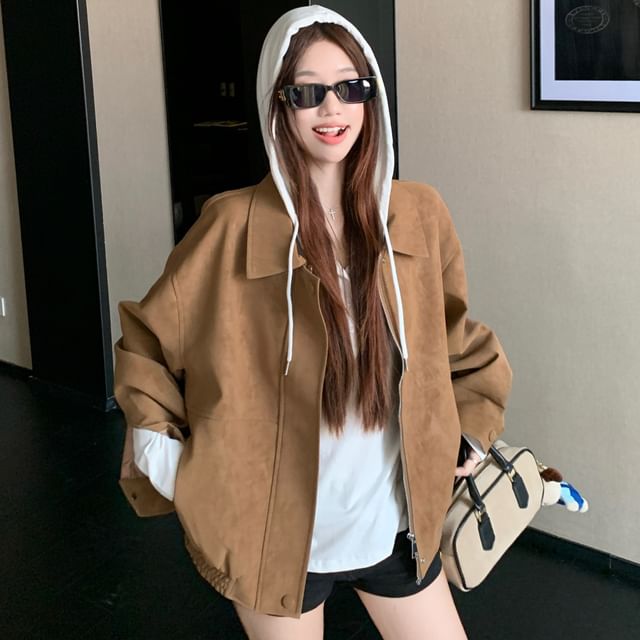 Collar Plain Faux Suede Zip Jacket / Long Sleeve Drawstring Hooded Tee