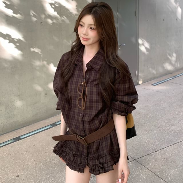 Plaid Ruffle Trim Oversized Long Sleeve Shirt