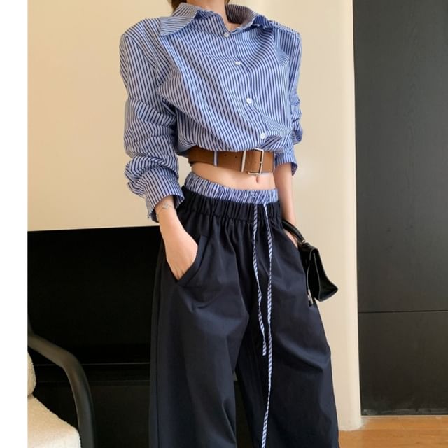 Set: Long Sleeve Striped Shirt + Drawstring Waist Wide Leg Pants + Belt