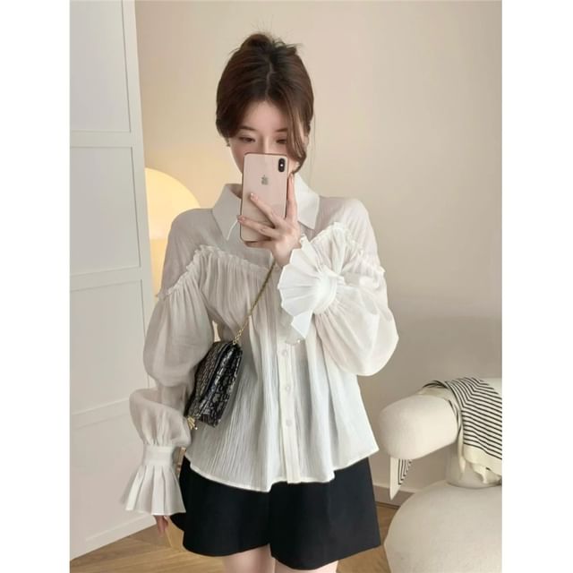 Long Sleeve Plain Frill Trim Shirt / Shawl Lapel Tie Front Vest