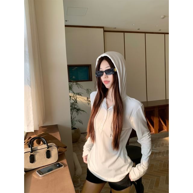 Collar Plain Faux Suede Zip Jacket / Long Sleeve Drawstring Hooded Tee