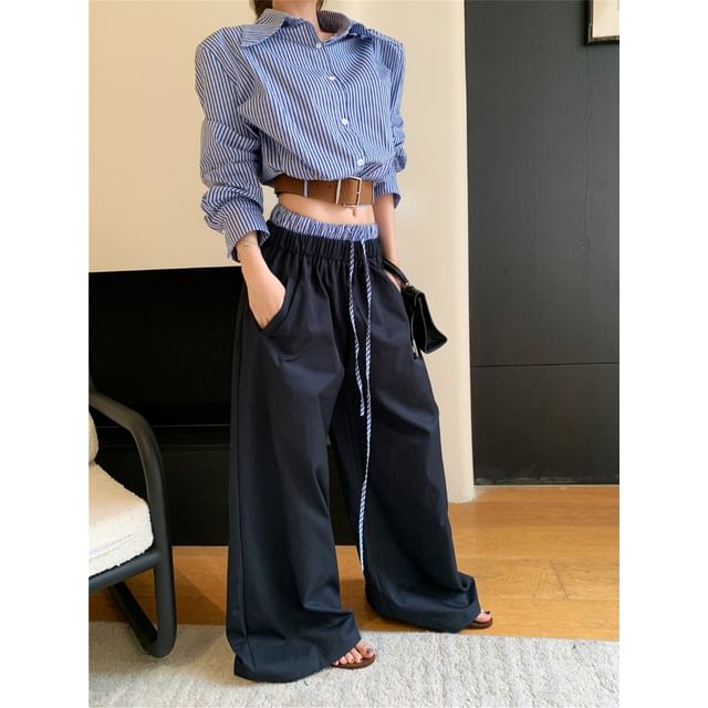 Set: Long Sleeve Striped Shirt + Drawstring Waist Wide Leg Pants + Belt
