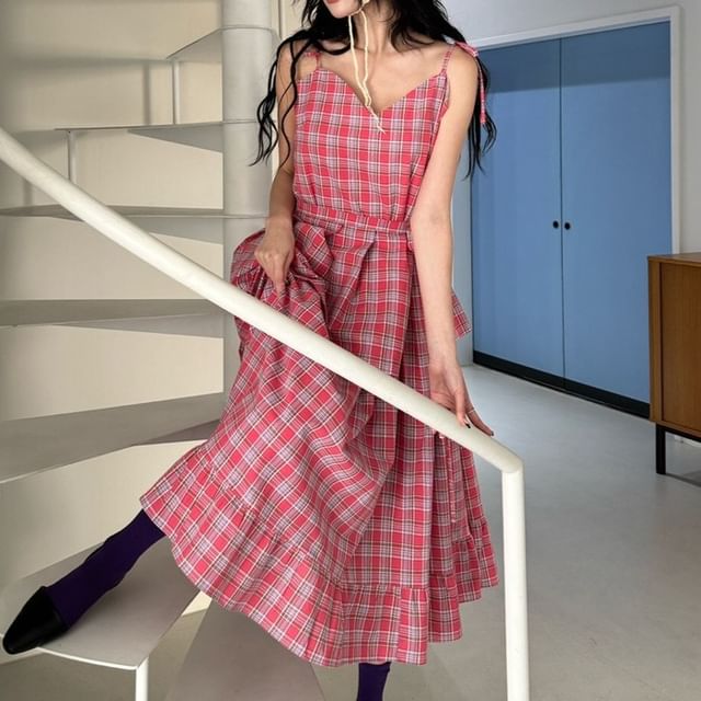 Tie Shoulder V-Neck Plaid Ruffle Midi A-Line Dress