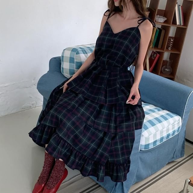 Tie Shoulder V-Neck Plaid Ruffle Midi A-Line Dress