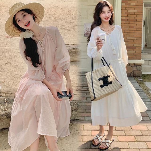 Maternity Notch Neck Frill Trim Tie Front Midi Tunic Dress