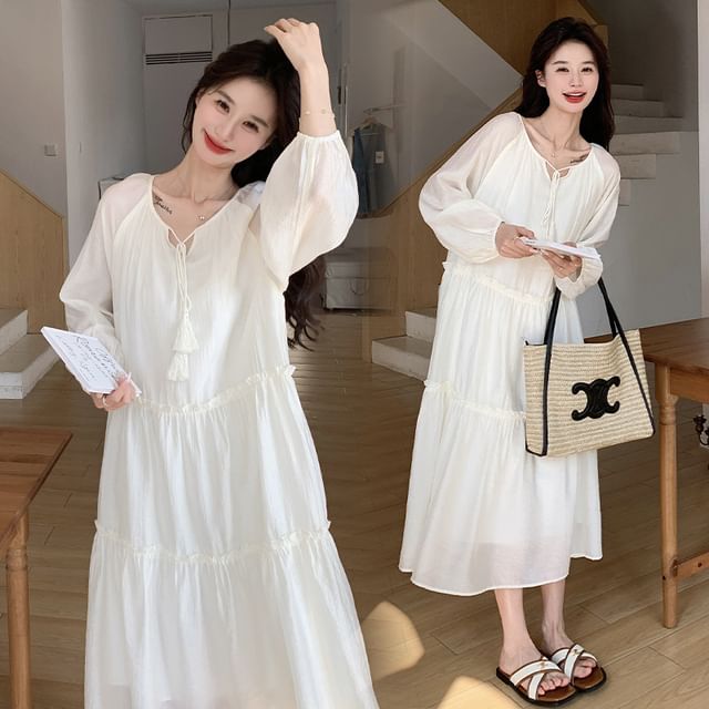 Maternity Notch Neck Frill Trim Tie Front Midi Tunic Dress
