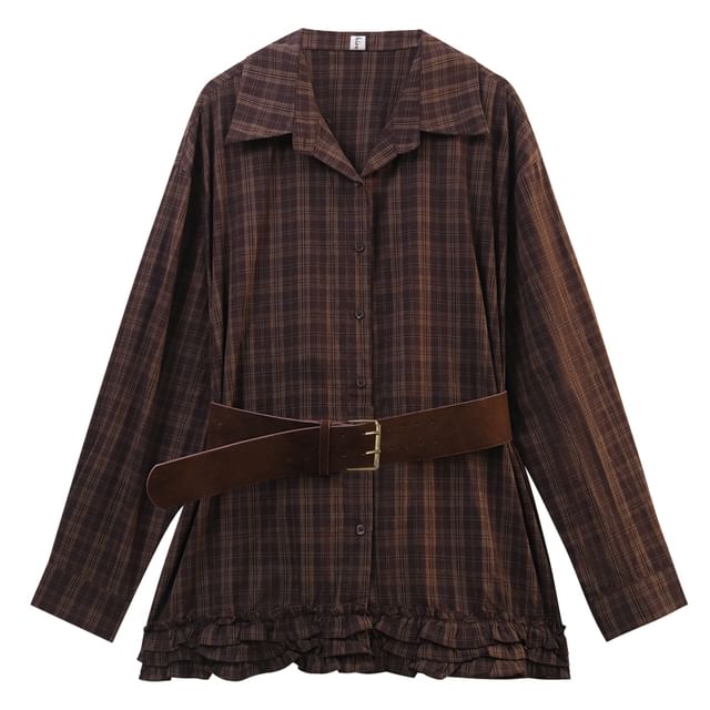 Plaid Ruffle Trim Oversized Long Sleeve Shirt