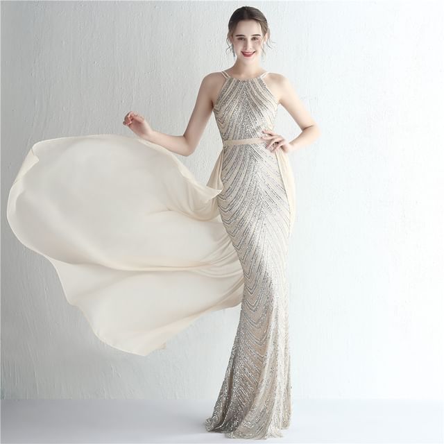 Spaghetti Strap Sequin Sheath Evening Gown
