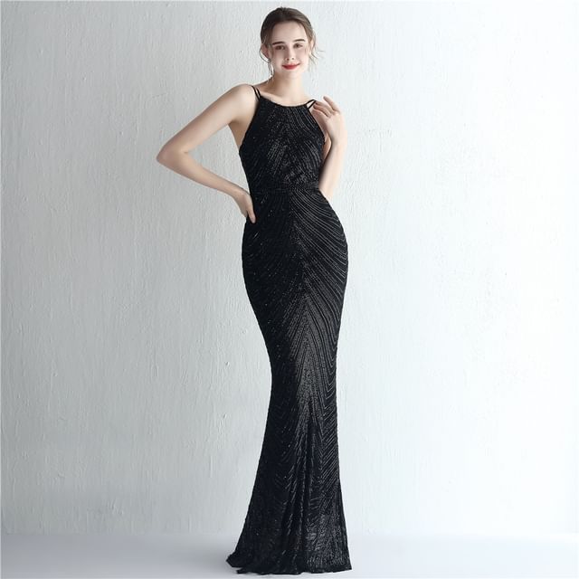 Spaghetti Strap Sequin Sheath Evening Gown