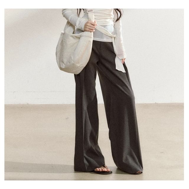 Long Sleeve Asymmetrical Neck Plain Tie Waist Tee / High Rise Wide Leg Pants