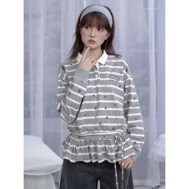 Striped Long Sleeve Polo Collared Shirt
