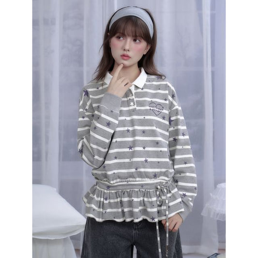 Striped Long Sleeve Polo Collared Shirt