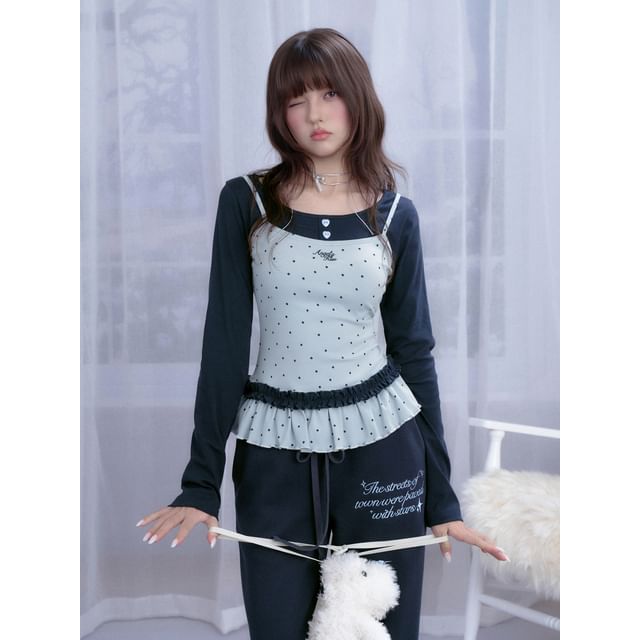 Dotted Mock Two Piece Long Sleeve Blouse Top