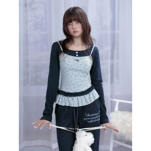 Dotted Mock Two Piece Long Sleeve Blouse Top