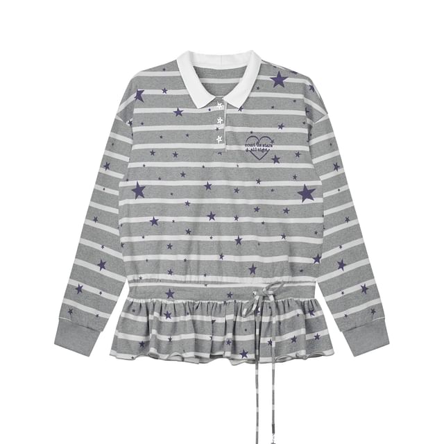 Striped Long Sleeve Polo Collared Shirt