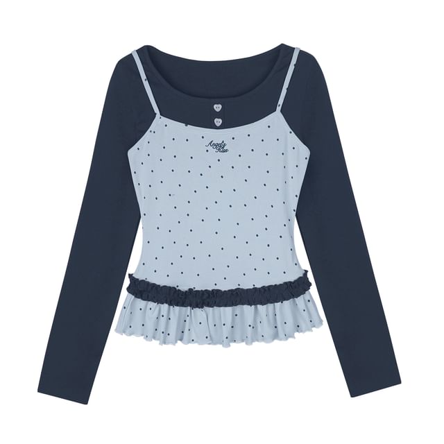 Dotted Mock Two Piece Long Sleeve Blouse Top