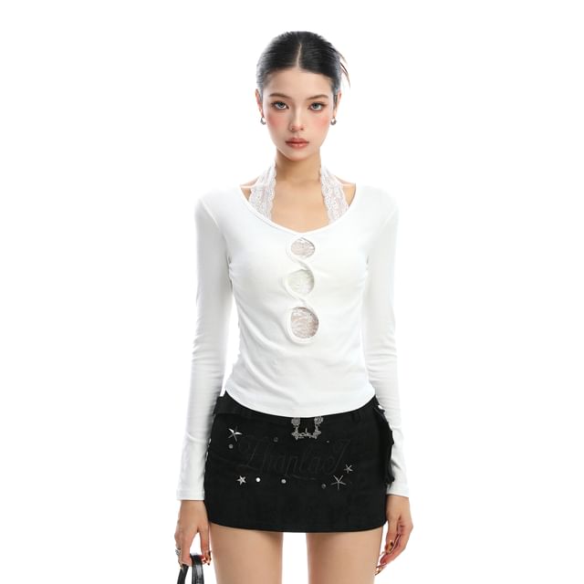 Lace Panel Halter Cutout Mock Two Piece Long Sleeve Top
