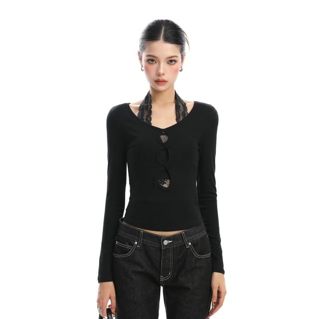 Lace Panel Halter Cutout Mock Two Piece Long Sleeve Top