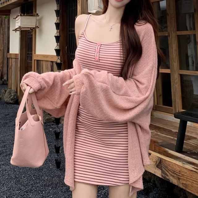 Spaghetti Strap Striped Button Mini A-Line Dress / Plain Open Front Cardigan (Various Designs)