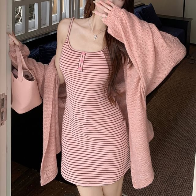Spaghetti Strap Striped Button Mini A-Line Dress / Plain Open Front Cardigan (Various Designs)