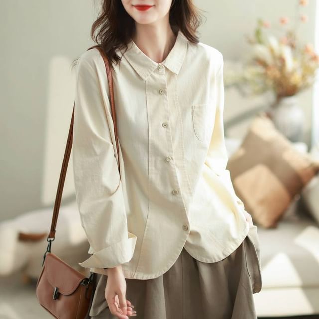 Long Sleeve Pocketed Plain Blouse Shirt