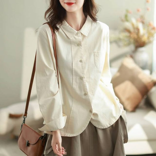Long Sleeve Pocketed Plain Blouse Shirt