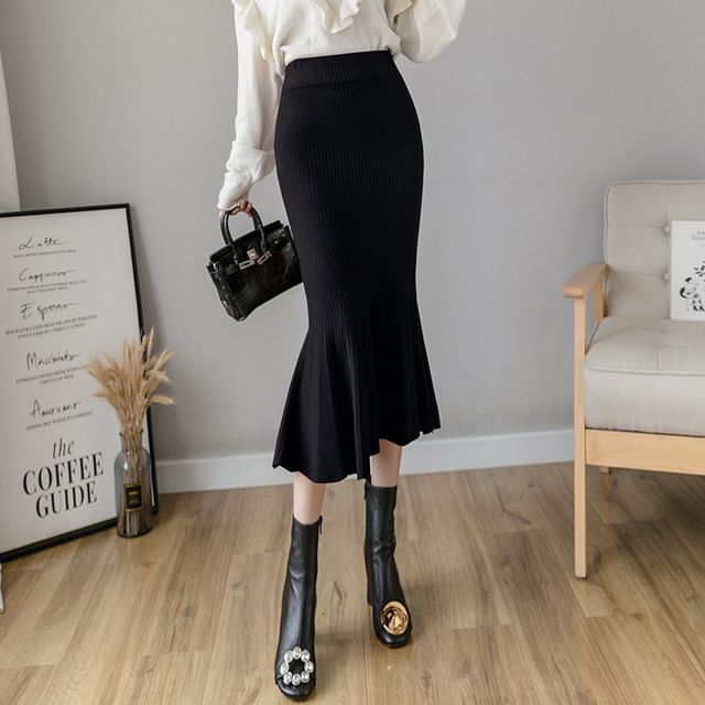 Fishtail Midi Knit Skirt with High Waist