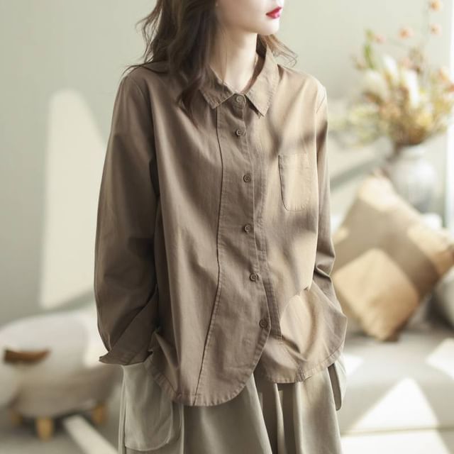 Long Sleeve Pocketed Plain Blouse Shirt