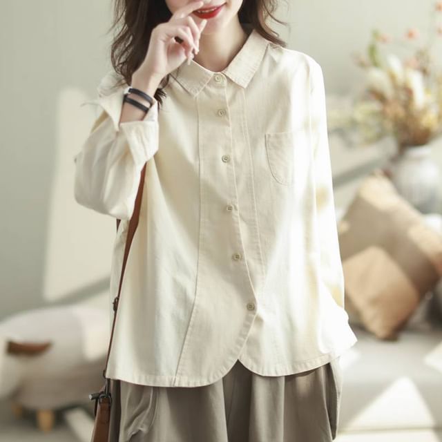 Long Sleeve Pocketed Plain Blouse Shirt