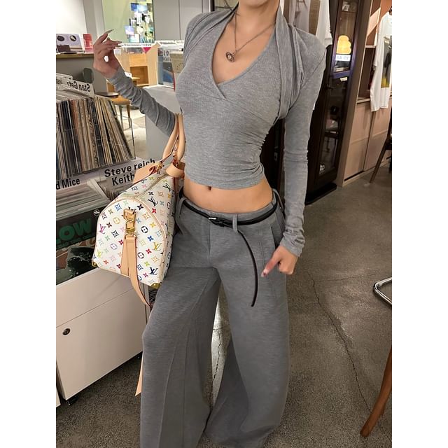 Set: Long Sleeve Plain Shrug + Sleeveless Crop Top