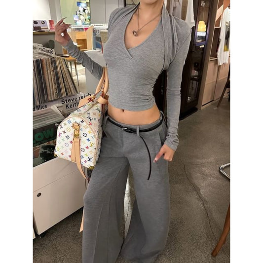Set: Long Sleeve Plain Shrug + Sleeveless Crop Top