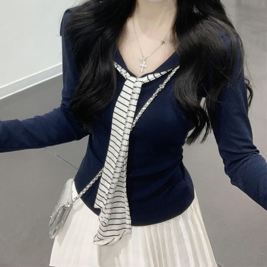 Sailor Collar Plain Long Sleeve Tee Shirt