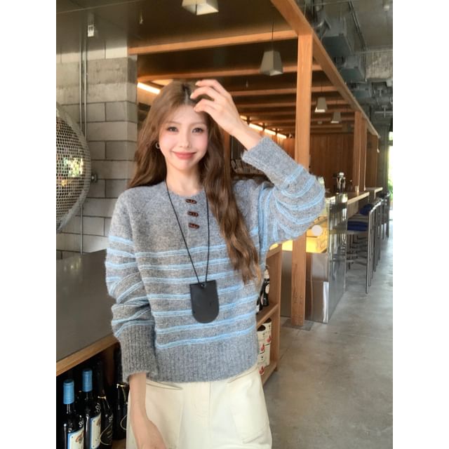 Striped Henley Knit Pullover Sweater