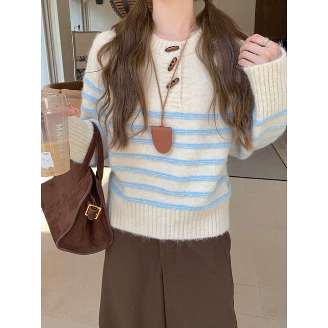 Striped Henley Knit Pullover Sweater