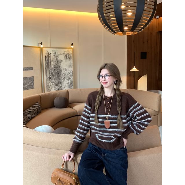 Striped Henley Knit Pullover Sweater