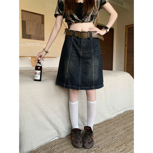 Washed Denim A-Line Skirt with Mid Rise