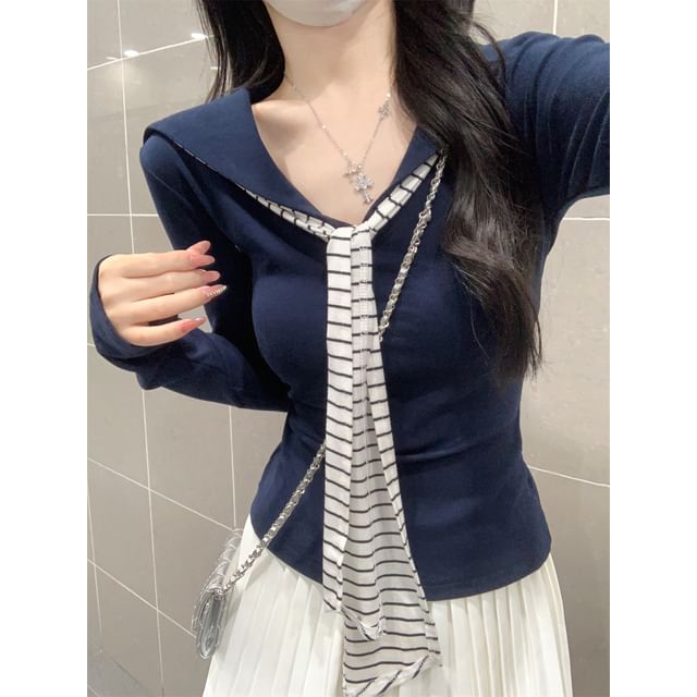 Sailor Collar Plain Long Sleeve Tee Shirt