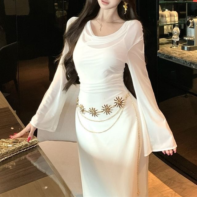Set: Long-Sleeve Cowl Neck Plain Cutout Mesh Maxi A-Line Dress + Spaghetti Strap Scoop Neck Midi Sheath Dress