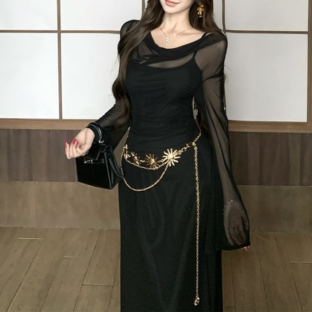 Set: Long-Sleeve Cowl Neck Plain Cutout Mesh Maxi A-Line Dress + Spaghetti Strap Scoop Neck Midi Sheath Dress