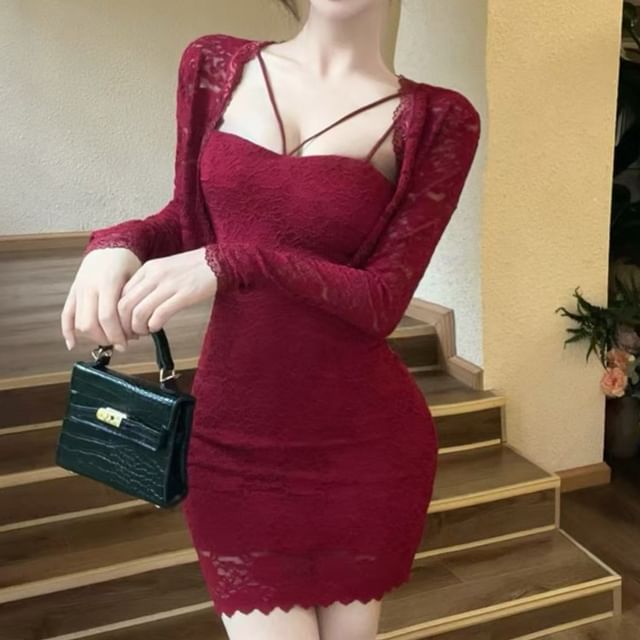 Set: Open Front Lace Crop Light Jacket + Spaghetti Strap Mini Bodycon Dress