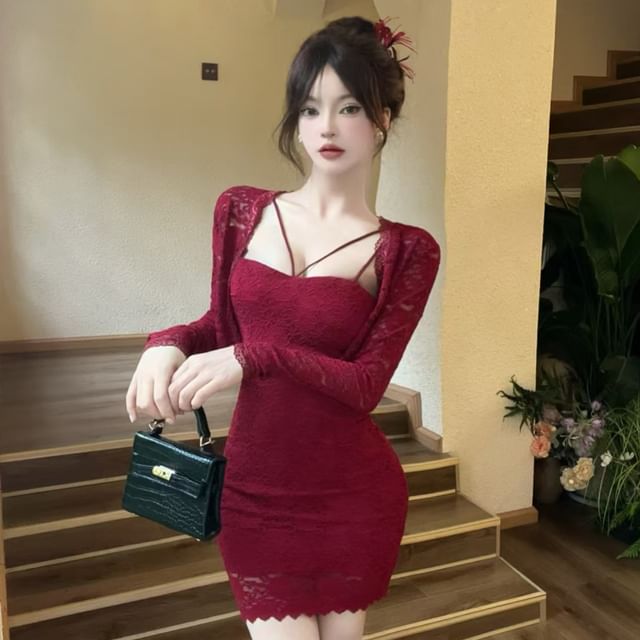 Set: Open Front Lace Crop Light Jacket + Spaghetti Strap Mini Bodycon Dress