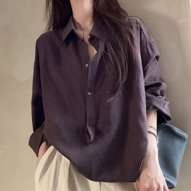 Half-Buttoned Plain Blouse with Collar and Long Sleeves