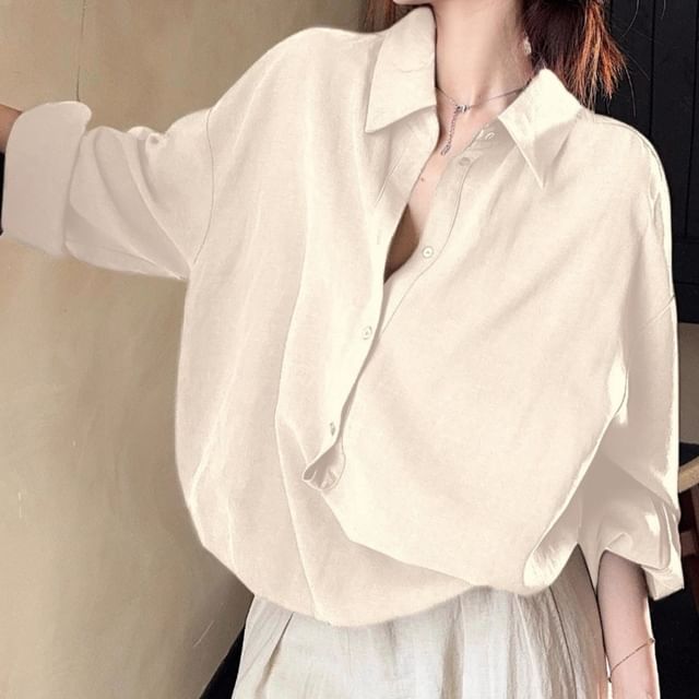 Half-Buttoned Plain Blouse with Collar and Long Sleeves
