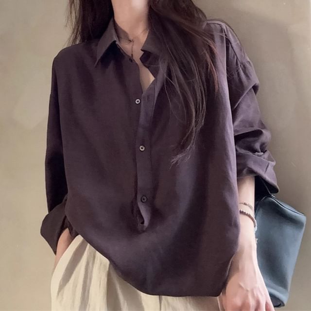 Half-Buttoned Plain Blouse with Collar and Long Sleeves