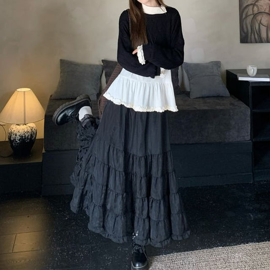 Plain Knit Top with Long Sleeves and Crop Sweater and High-Waist Maxi A-Line Skirt