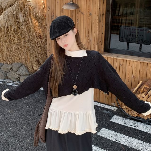 Plain Knit Top with Long Sleeves and Crop Sweater and High-Waist Maxi A-Line Skirt